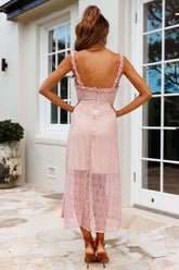 Isadora Mesh Overlay Frill Trim Neckline Midi Dress Mauve